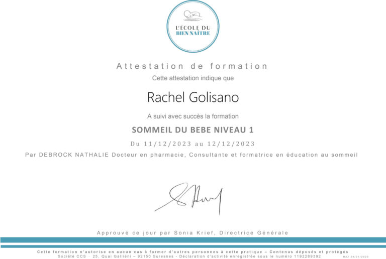 Attestation de formation Sommeil du bébé, niveau 1