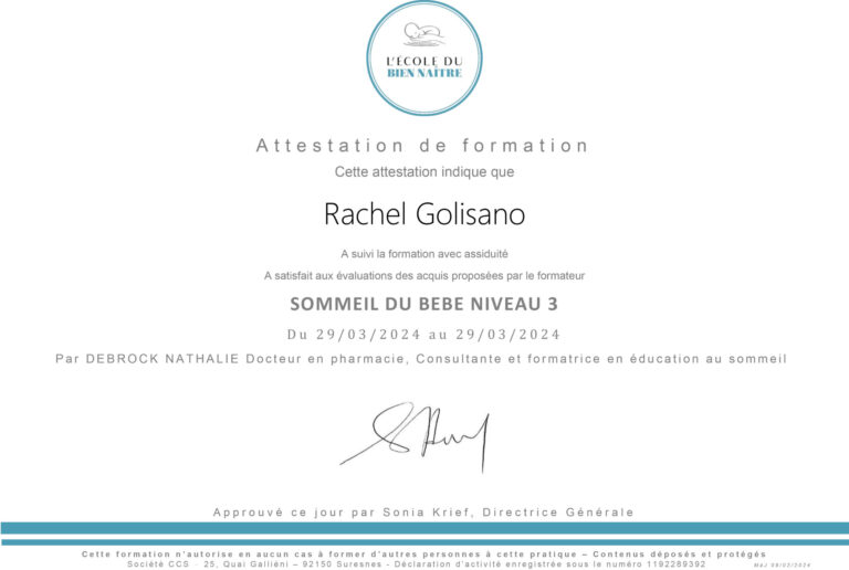 Attestation de formation Sommeil du bébé, niveau 3