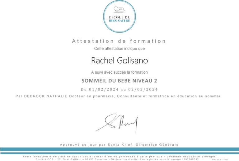 Attestation de formation Sommeil du bébé, niveau 2