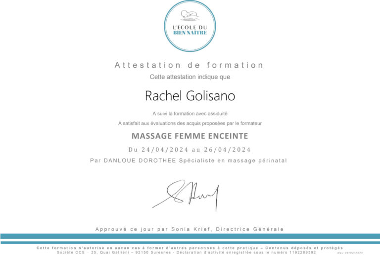 Attestation de formation au massage de la femme enceinte