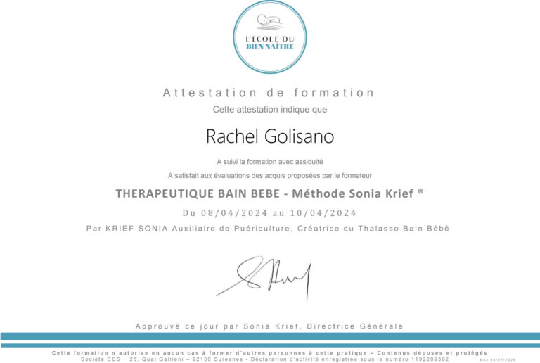 Attestation de formation au bain thérapeutique bébé, méthode Sonia Krief