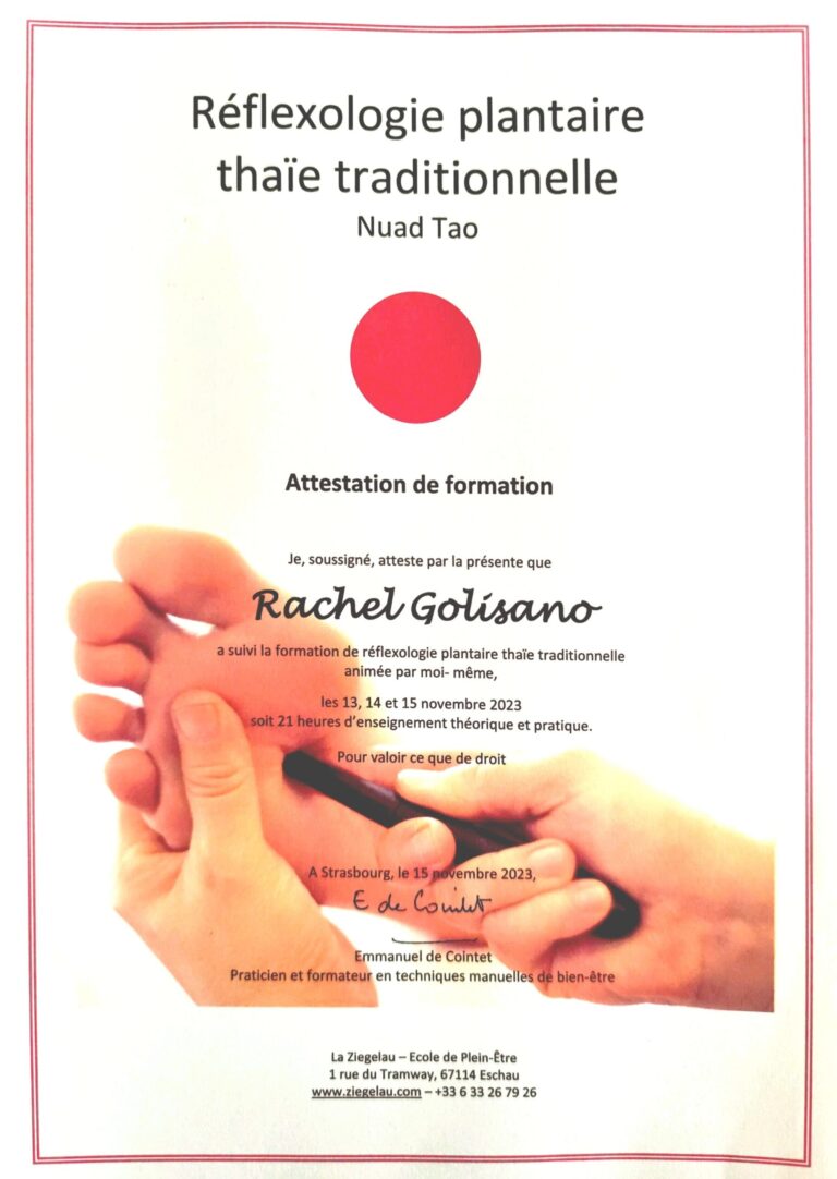 Attestation de formation en réflexologie plantaire thaïlandaise traditionnelle